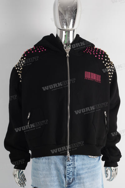 Black embroidered rhinestone patchwork hooded jacket