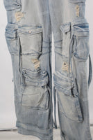Blue acid wash cargo straight jeans men