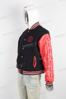 Black and red patchwork embroidered hooded jacket men