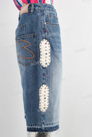 Blue rhinestone patchwork boot cut short