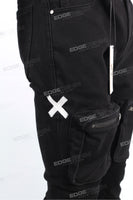 Multi Pocket Black Denim Pants Skinny Flare Stacked Cargo Pants