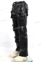Factory Custom Men Black Multi Pocket Leather Cargo Pants