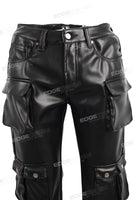 Factory Custom Men Black Multi Pocket Leather Cargo Pants