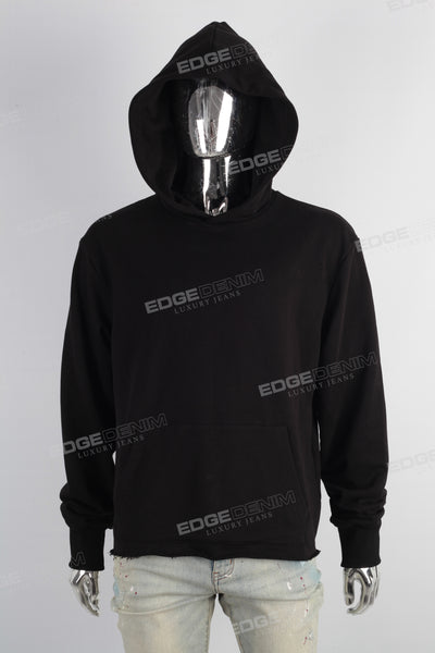 Wholesale Men Hooded Plain Blank Black Raw Hem Cut Pullover Hoodies With Pocket