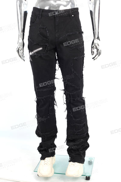 Men Black Denim Trousers Embroidery Patch Skinny Stacked Jeans