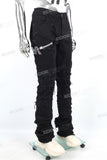 Men Black Denim Trousers Embroidery Patch Skinny Stacked Jeans