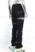 Men Black Denim Trousers Embroidery Patch Skinny Stacked Jeans
