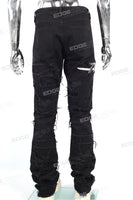 Men Black Denim Trousers Embroidery Patch Skinny Stacked Jeans