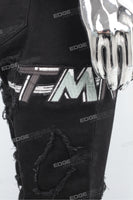 Men Black Denim Trousers Embroidery Patch Skinny Stacked Jeans
