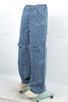 Custom Design Men Blue Jacquard Baggy Cargo Jeans