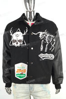 Custom Logo Men Embroidery Black Leather Long Sleeve Varsity Jacket