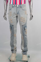 New Men Casual Pocket Cargo Denim Pants Patchwork Distressed Jeans For Men