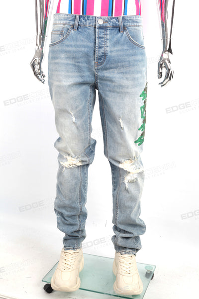 Custom Distressed Denim Pants High Quality Men Ripped Stacked Jeans