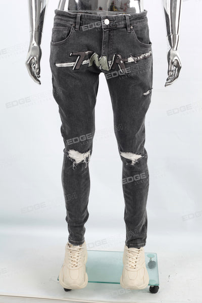 Men Jeans Custom Streetwear Fashion Vintage Wash Embroidery Patch Skinny Ripped Denim Jeans