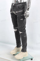 Men Jeans Custom Streetwear Fashion Vintage Wash Embroidery Patch Skinny Ripped Denim Jeans