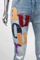 Custom Embroidery Ripped Skinny Distressed Men Denim Jacket Jeans Set