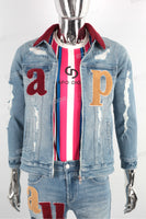 Custom Embroidery Ripped Skinny Distressed Men Denim Jacket Jeans Set