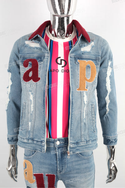 Custom Embroidery Ripped Skinny Distressed Men Denim Jacket Jeans Set