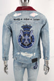 Custom Embroidery Ripped Skinny Distressed Men Denim Jacket Jeans Set