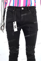 Men Black Ripped Skinny Stackd Flare Jeans High Quality Denim Pants