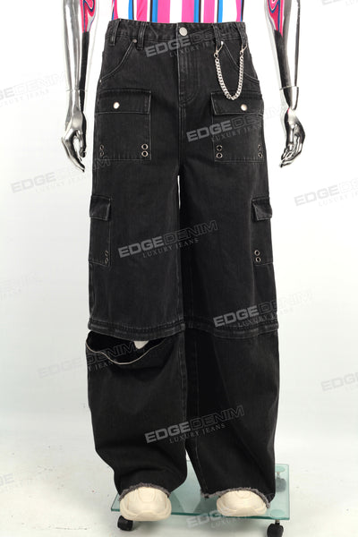 Removable Trousers Leg Black Men's Streetwear Vintage Baggy Cargo Jeans