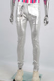 Men Skinny Stacked Waxed Jeans Silver Fashion Streetwear Denim Pants