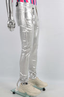 Men Skinny Stacked Waxed Jeans Silver Fashion Streetwear Denim Pants
