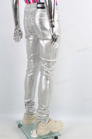 Men Skinny Stacked Waxed Jeans Silver Fashion Streetwear Denim Pants