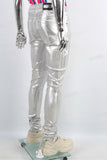 Men Skinny Stacked Waxed Jeans Silver Fashion Streetwear Denim Pants