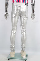 Men Skinny Stacked Waxed Jeans Silver Fashion Streetwear Denim Pants