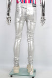 Men Skinny Stacked Waxed Jeans Silver Fashion Streetwear Denim Pants