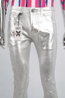 Men Skinny Stacked Waxed Jeans Silver Fashion Streetwear Denim Pants