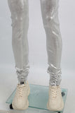 Men Skinny Stacked Waxed Jeans Silver Fashion Streetwear Denim Pants