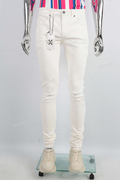 Men Jeans Customized Logo Printed White Denim Pants Skinny Ripped Jeans