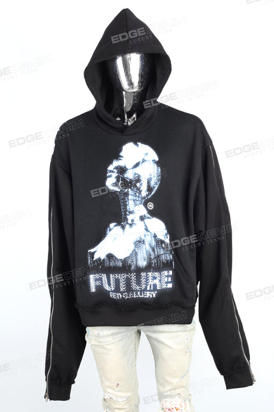 Women Long Sleeve Pullover Black Cotton Digital Printed Hoodie