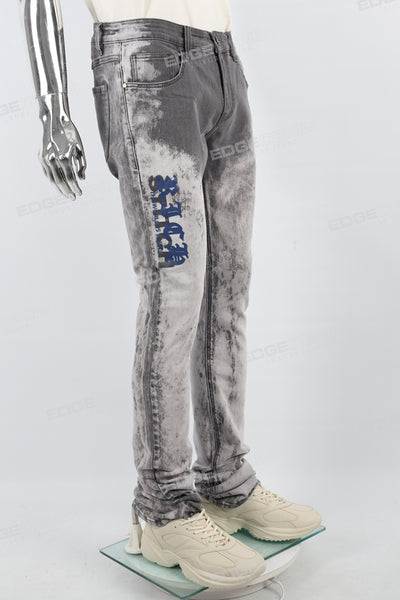 Grey Embroidery Logo Stacked Jeans Men