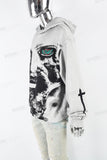 Vintage Wash Black Print Hooded White Hoodies