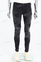 Fashion Skull Embroidered Black Ash Wash Mans Skinny Jeans
