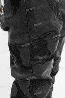Fashion Skull Embroidered Black Ash Wash Mans Skinny Jeans