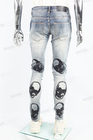 Fashion Skull Badge Embroidered Blue Mans Skinny Jeans
