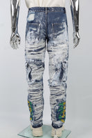 Blue Embroidery Ripped Spray Cargo Baggy jeans