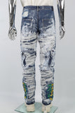 Blue Embroidery Ripped Spray Cargo Baggy jeans