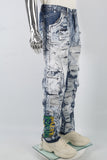 Blue Embroidery Ripped Spray Cargo Baggy jeans