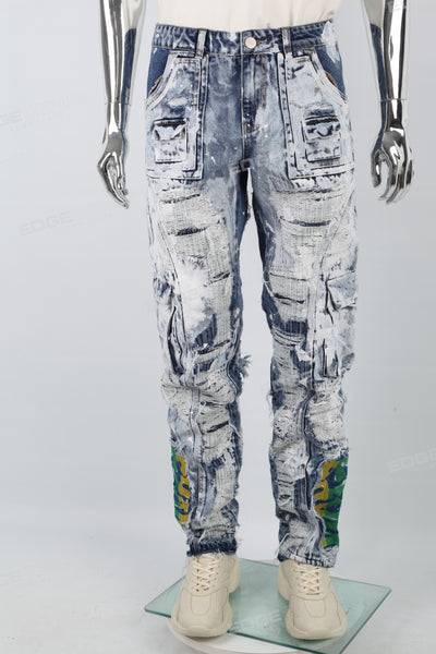 Blue Embroidery Ripped Spray Cargo Baggy jeans