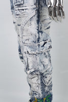 Blue Embroidery Ripped Spray Cargo Baggy jeans
