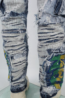 Blue Embroidery Ripped Spray Cargo Baggy jeans