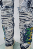 Blue Embroidery Ripped Spray Cargo Baggy jeans