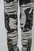 Black Grey Embroidery Ripped Cargo Baggy jeans