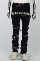 Printed Embroidered Ripped Black Stack Jeans