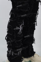 Printed Embroidered Ripped Black Stack Jeans